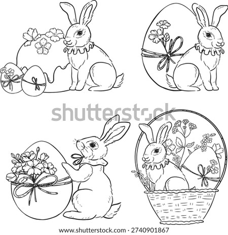 Easter hand drawn vintage doodle set with cute bunny, eggs and Easter cakes. Whimsical spring holiday clipart collection for greeting cards, posters, invitations.