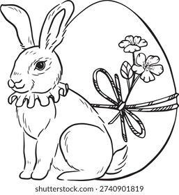 Easter hand drawn vintage illustration with cute bunny and Easter eggs. Whimsical spring holiday art for greeting cards, posters, invitations.