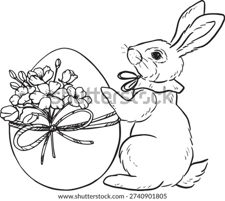 Easter hand drawn vintage illustration with cute bunny and Easter eggs. Whimsical spring holiday art for greeting cards, posters, invitations.