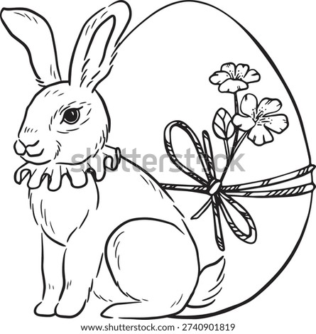Easter hand drawn vintage illustration with cute bunny and Easter eggs. Whimsical spring holiday art for greeting cards, posters, invitations.