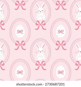 Patrón sin fisuras vintage dibujado a mano de Pascua con lindas ilustraciones de conejo y huevo en marcos ovalados, lazos de cinta coqueta, bordes festoneados Diseño de vacaciones de primavera para envolver papel, Fondo de pantalla, impresiones