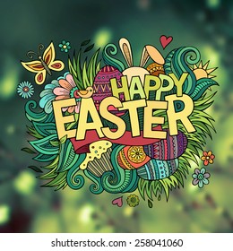 Easter hand lettering and doodles elements. Vector blurred illustration