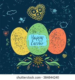 Easter hand lettering and doodles elements. Vector greeting card text templates with Easter. Happy easter lettering. Easter eggs on background with wooden texture