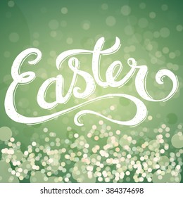 Easter hand lettering on a textured green background with colorful circles