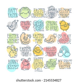 Easter hand-drawn doodle icon set with simple engraving effect and abstract blob shape. Cute symbols and elements collection.