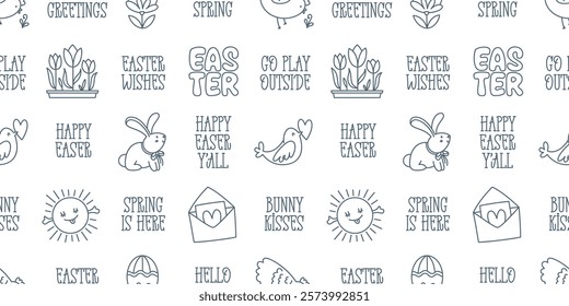 Easter hand-drawn doodle and lettering seamless pattern. Cute black and white spring symbols: chickens, rabbits, eggs and flowers and short festive phrases