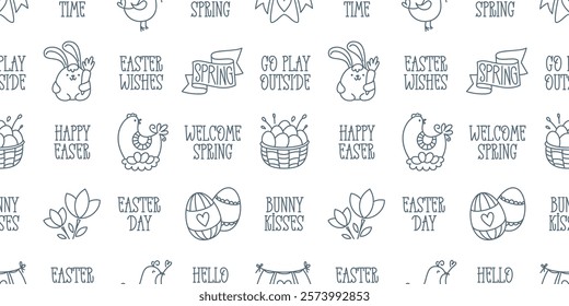 Easter hand-drawn doodle and lettering seamless pattern. Cute black and white spring symbols: chickens, rabbits, eggs and flowers and short festive phrases