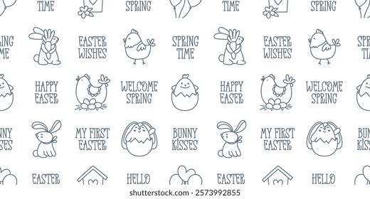 Easter hand-drawn doodle and lettering seamless pattern. Cute black and white spring symbols: chickens, rabbits, eggs and flowers and short festive phrases