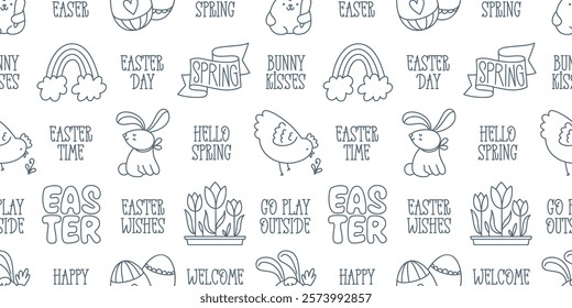 Easter hand-drawn doodle and lettering seamless pattern. Cute black and white spring symbols: chickens, rabbits, eggs and flowers and short festive phrases