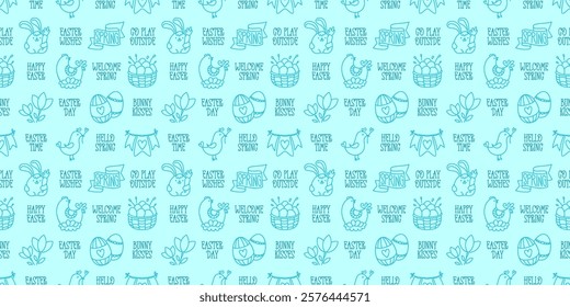 Easter hand-drawn doodle and lettering seamless pattern. Cute color monochrome spring symbols chickens, rabbits, eggs and flowers and short festive phrases