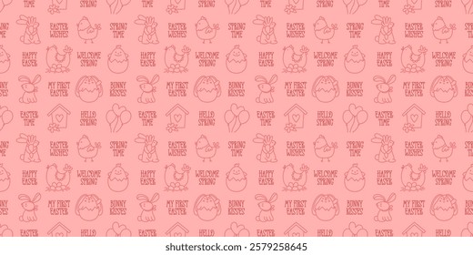 Easter hand-drawn doodle and lettering seamless pattern. Cute color monochrome spring symbols: chickens, rabbits, eggs and flowers and short festive phrases