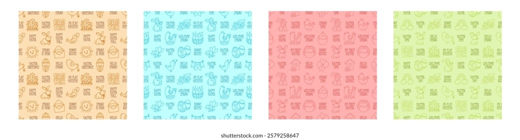 Easter hand-drawn doodle and lettering seamless pattern. Cute color monochrome spring symbols: chickens, rabbits, eggs and flowers and short festive phrases