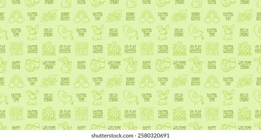 Easter hand-drawn doodle and lettering seamless pattern. Cute color monochrome spring symbols: chickens, rabbits, eggs and flowers and short festive phrases