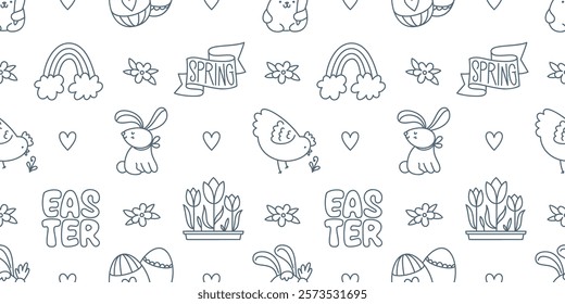 Easter hand-drawn doodle seamless pattern. Cute black and white spring symbols chickens, rabbits, eggs and flowers