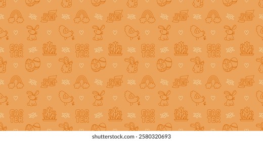 Easter hand-drawn doodle seamless pattern. Cute monochrome spring symbols: chickens, rabbits, eggs and flowers