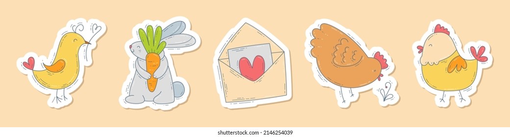 Easter hand-drawn doodle sticker set. Cute colorful symbols and elements collection.