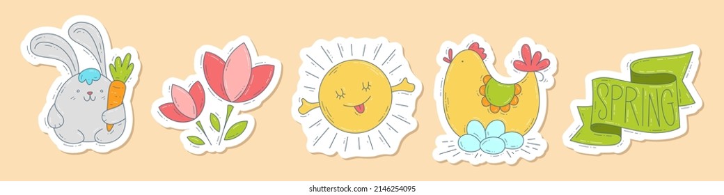 Easter hand-drawn doodle sticker set. Cute colorful symbols and elements collection.