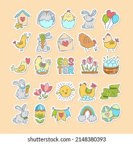 Easter hand-drawn doodle sticker set. Cute colorful symbols and elements collection.