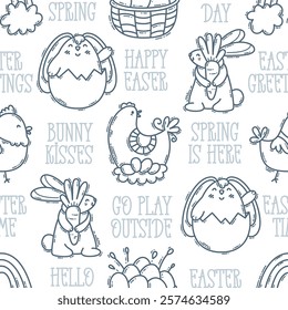 Easter hand-drawn engraving doodle and lettering seamless pattern. Cute black and white spring symbols with double strokes - chickens, rabbits, eggs and flowers