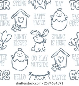 Easter hand-drawn engraving doodle and lettering seamless pattern. Cute black and white spring symbols with double strokes - chickens, rabbits, eggs and flowers