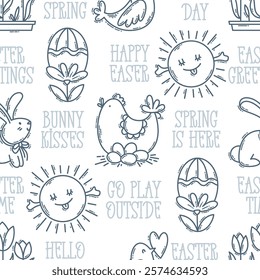 Easter hand-drawn engraving doodle and lettering seamless pattern. Cute black and white spring symbols with double strokes - chickens, rabbits, eggs and flowers