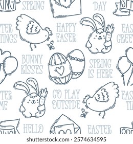 Easter hand-drawn engraving doodle and lettering seamless pattern. Cute black and white spring symbols with double strokes - chickens, rabbits, eggs and flowers