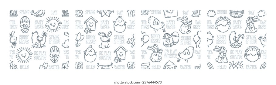 Easter hand-drawn engraving doodle and lettering seamless pattern. Cute black and white spring symbols with double strokes - chickens, rabbits, eggs and flowers