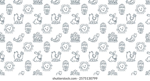 Easter hand-drawn engraving doodle seamless pattern. Cute black and white spring symbols with double strokes - chickens, rabbits, eggs and flowers