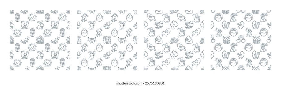 Easter hand-drawn engraving doodle seamless pattern. Cute black and white spring symbols with double strokes - chickens, rabbits, eggs and flowers