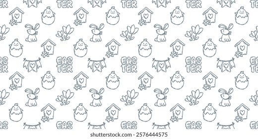 Easter hand-drawn engraving doodle seamless pattern. Cute black and white spring symbols with double strokes - chickens, rabbits, eggs and flowers