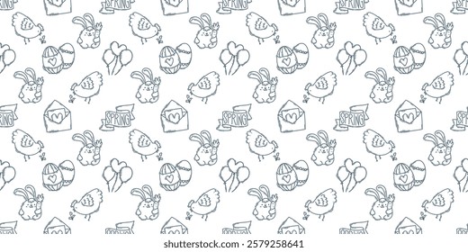 Easter hand-drawn engraving doodle seamless pattern. Cute black and white spring symbols with double strokes - chickens, rabbits, eggs and flowers