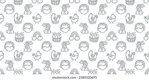 Easter hand-drawn engraving doodle seamless pattern. Cute black and white spring symbols with double strokes - chickens, rabbits, eggs and flowers