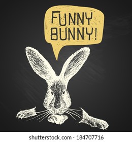 Easter hand-drawn funny bunny with humorous phrase on chalkboard background, eps10