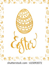 Easter handdrawn gold textured greeting card on white background. Calligraphy lettering design element for greeting cards, banners, posters, invitations, postcards. Vector illustration.