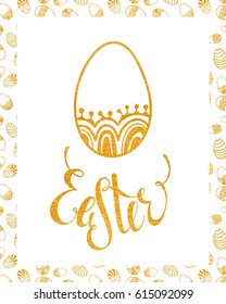 Easter handdrawn gold textured greeting card on white background. Calligraphy lettering design element for greeting cards, banners, posters, invitations, postcards. Vector illustration.