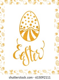 Easter handdrawn gold textured greeting card on white background. Calligraphy lettering design element for greeting cards, banners, posters, invitations, postcards. Vector illustration.