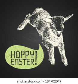Easter hand-drawn jumping lamb with humorous phrase on chalkboard background, eps10