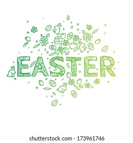 Easter handmade background. Good for greeting card design. Pattern & text, stroked letters.