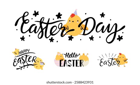 Easter handwriting phrases with cute yellow chicken. Happy Easter, spring holidays congratulated banners or stickers, decorative vector elements