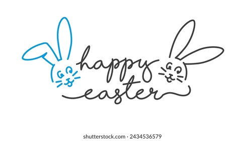 Easter handwritten calligraphy lettering with happy Easter bunny line design greeting card banner on white background