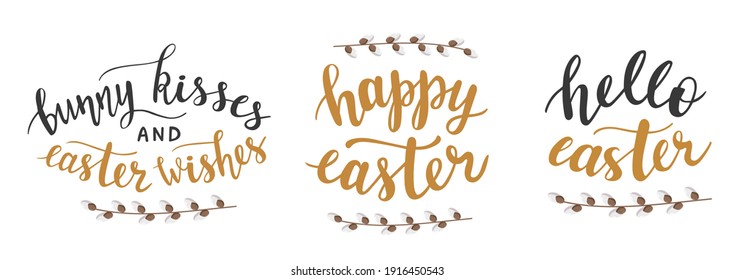 Easter handwritten lettering set of 3 vector. Spring season holidays quotes and phrases for cards, banners, posters, mug, scrapbooking, pillow case, phone cases and clothes design. Trendy golden color