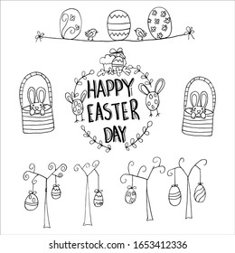 Osterhandgeschriebener Text. Kartenvorlage mit separaten Ostereiern auf weißem Hintergrund Happy Oster, moderne kalligraphische Schriftart mit Eiern und Kaninchen.
