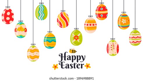 Easter hanging eggs. Cartoon spring decorations, cute hanging easter decorative eggs vector background illustration. Happy easter colorful eggs with flowers, spots and waves for greeting