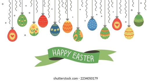 Easter hanging eggs spring banner. Decorative seasonal festive background. Happy holidays classy vector poster with colorful decorative egg