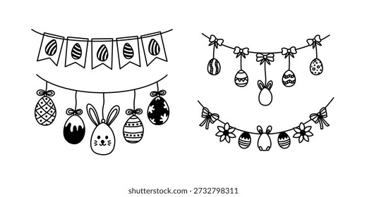 Guirnaldas colgantes de Pascua con huevos decorados, orejas de conejo y flores. Esquema negro dibujado a mano decoraciones de bunting de vacaciones. Conjunto de banderines de doodle lindos de huevos de Pascua festivos.