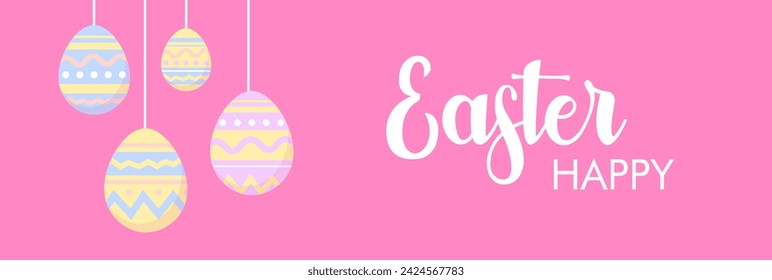 Pancarta feliz de Pascua. Huevos de Pascua. Icono de banner de signo rosa feliz de Pascua. Estilo plano. Ilustración de vector