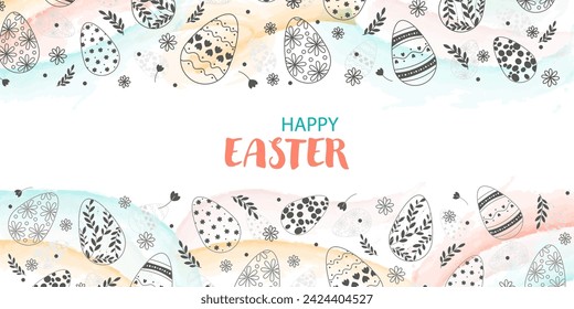 Easter. Happy Easter banner or poster. Easter background. Pattern template banner or poster with eggs and flowers. Vector illustration