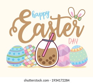 Easter. Happy Boba tea Easter eggs. Spring holiday. Vector Illustration.