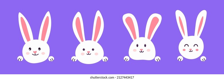 Juego de conejito feliz de Pascua. Colección de lindos conejos en dibujos animados y estilo plano. Tarjeta de vacaciones de primavera. Vacaciones de Resurrección. 