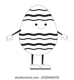 Easter happy egg with arms and legs black and white 2D line cartoon character. Smiling face easteregg isolated vector outline personage. Eggshell Eastertime monochromatic flat spot illustration
